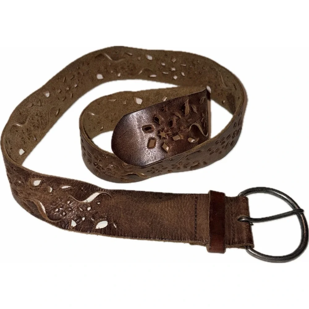 Vintage Y2K Boho Floral Laser Cut Brown Leather Belt 32-36in M/L